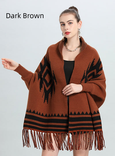 Striped Fringe Bat Sleeve Cardigan Shawl