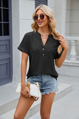 Solid Color V-neck Button Short Sleeve T-shirt