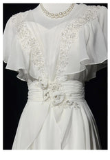 White Chiffon Appliques Pearls Wedding Dress