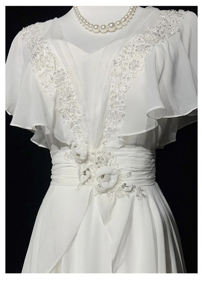 White Chiffon Appliques Pearls Wedding Dress