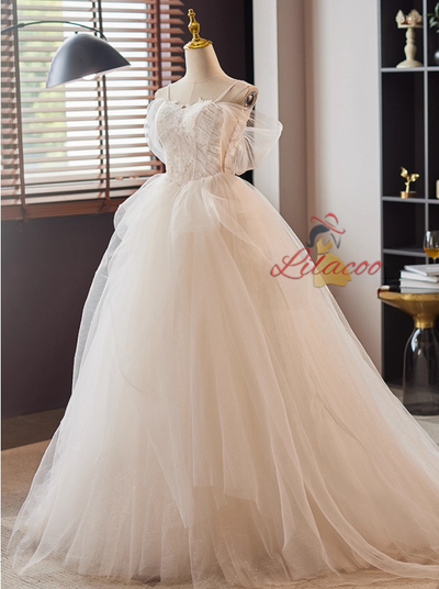 White Lace Tulle Spaghetti Straps Pleats Wedding Dress