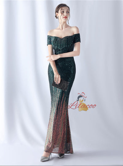 Mermaid Sequins Off the Shoulder Beading Prom Dress