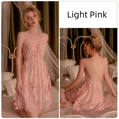 Sexy Lace Perspective Slit Suspender Nightdress