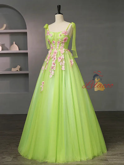 Green Tulle Straps Pink 3D Appliques Quinceanera Dress