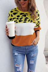 Spliced Leopard Print Round Neck Sweater