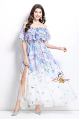 Off the Shoulder Ruffled Printed Chiffon Dress