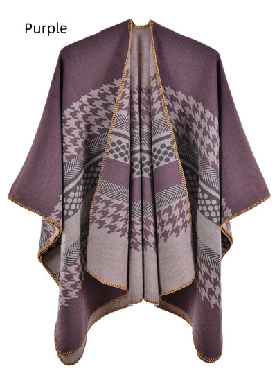 Retro Cashmere Striped Houndstooth Cloak Scarf