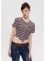 Short-sleeved Irregular V-neck Striped T-shirt