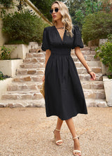 V-neck Short Sleeve Solid Color Dress