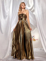 Gold Straps Pleats Prom Dress