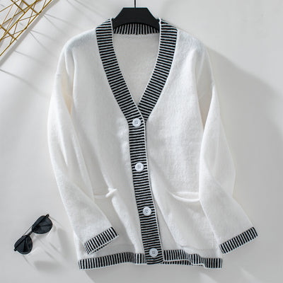Striped Loose Leisure Pocket Sweater Coat