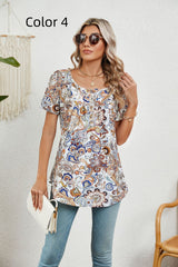 Printed Short-sleeved Pleated Buttons T-shirt