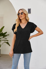 Solid Color V-neck Short Sleeve Loose T-shirt
