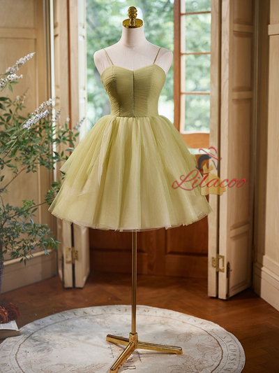 Green Tulle Straps Pleats Homecoming Dress
