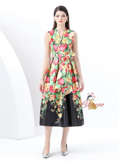 V-neck Sleeveless Long Retro Print Dress