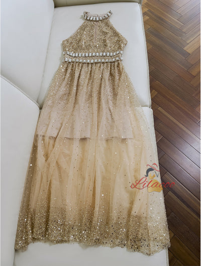 Champagne Sequins Halter Crystal Prom Dress