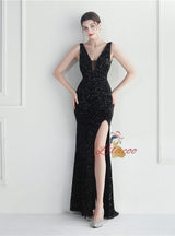 V-neck Sequins Split Prom Dress