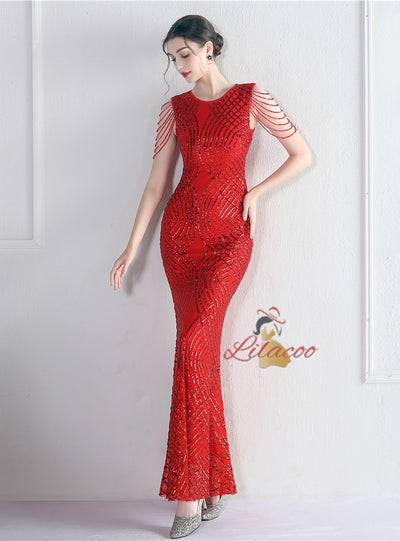 Mermaid Scoop Sequins Sleeveless Beading Prom Dress