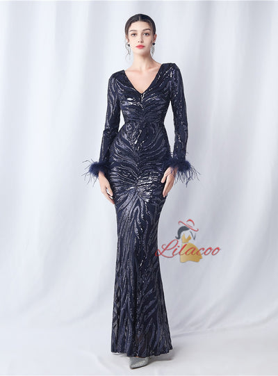 Long Sleeve V-neck Mermaid Sequins Prom Dress