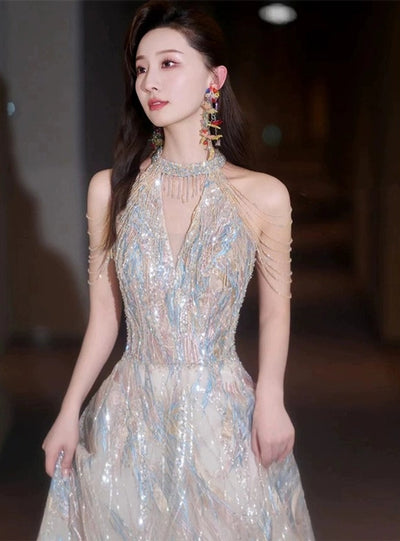 Champagne Sequins Halter Beading Prom Dress