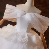 White Tulle Off the Shoulder 3D Flower Wedding Dress