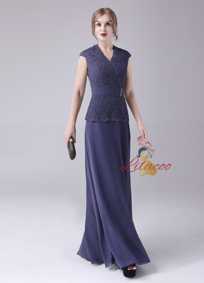 Navy Blue Chiffon Lace Mother Of The Bride Dress