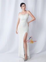 Sequins Mermaid Straps Feather Prom Dress