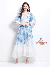 Flower Oil Painting Lace Stitching V-neck Dress