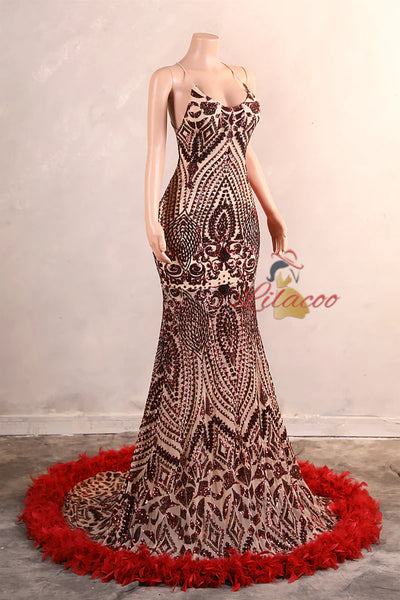 Burgundy Mermaid Sequins Feather Prom Dress