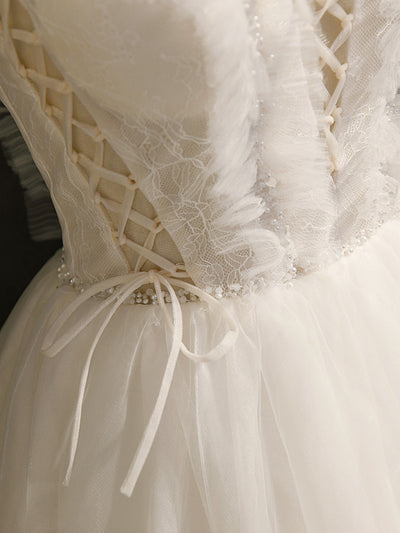 White Tulle Spaghetti Straps Pearls Homecoming Dress