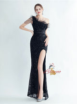Mermaid Sequins One Shoulder Beading Split Prom Dress