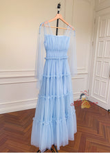 Retro Blue Square Collar Gauze Banquet Dress