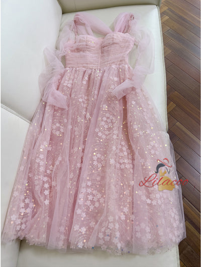 Pink Tulle Sequins Pleats Prom Dress