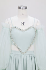 Mint Green Gauze Long Sleeve Short Slim Dress