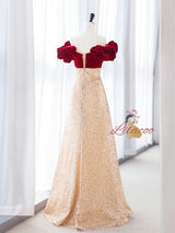 Champagne Sequins Off the Shoulder Prom Dress
