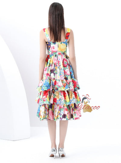 Printed Flounce Suspender Tiers Dress
