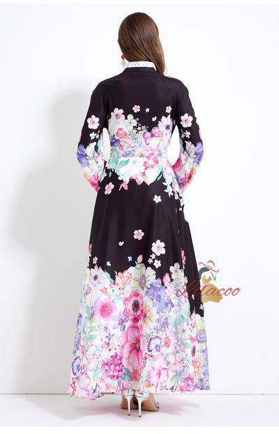 Holiday Flower Printed Lantern Sleeve Dress