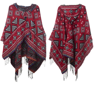 Jacquard Ladies Fringed Hooded Cloak Shawl