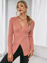 Solid Color V-neck Pullover Cross Sweater