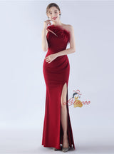 One Shoulder Split Feather Prom Dress