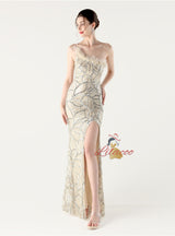 Mermaid One Shoulder Sequins Feather Prom Dress