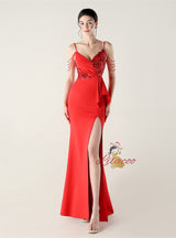 Mermaid Spaghetti Straps Beading Split Prom Dress