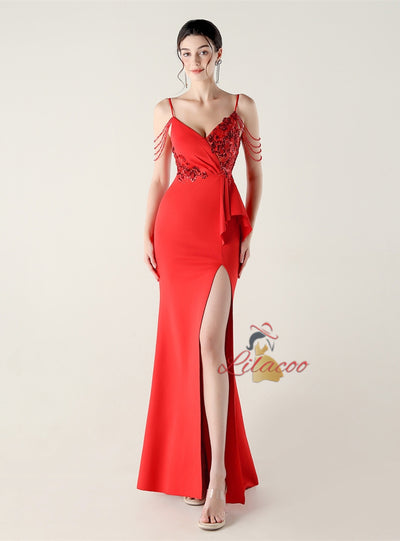 Mermaid Spaghetti Straps Beading Split Prom Dress