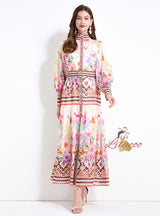 Palace Style Retro Flower Print Long Sleeves Dress