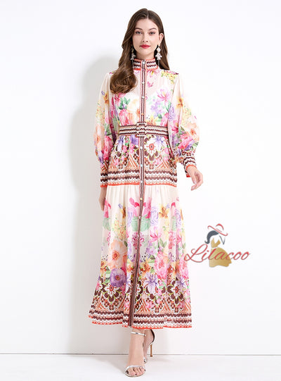 Palace Style Retro Flower Print Long Sleeves Dress