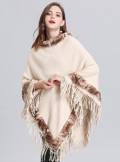 Loose Fringed Round Neck Cloak Shawl