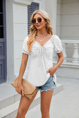Solid Color V-neck Short Sleeve Loose T-shirt
