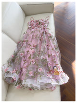 Pink Tulle Print 3D Flower Prom Dress