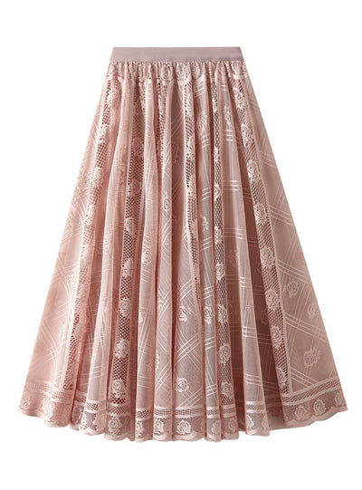 Women Pleated Mesh Lace Skirt