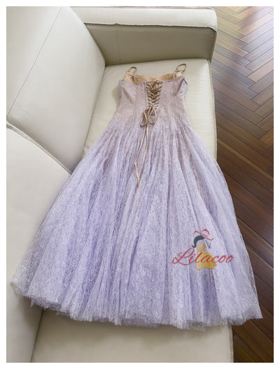 Purple Lace Straps Pleats Prom Dress